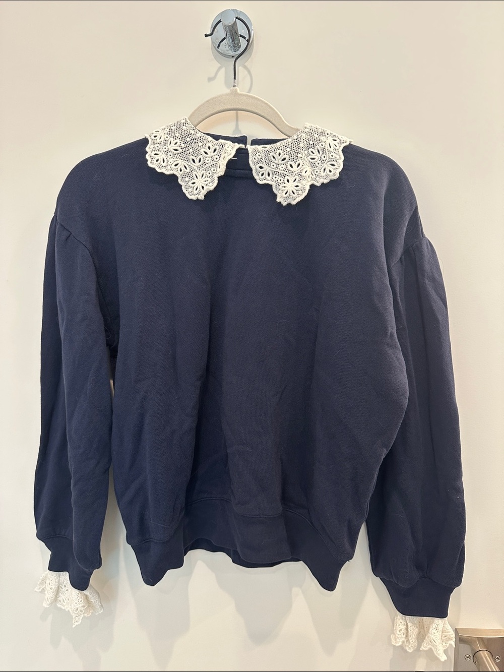 J. Crew Navy Sweatshirt with White Lace Trim